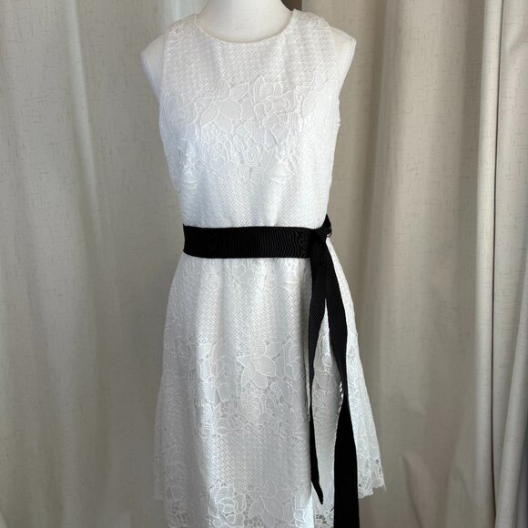 White House Black Market Dresses & Skirts - WHBM Lace Dress White with Black Sash Size 4 NWT